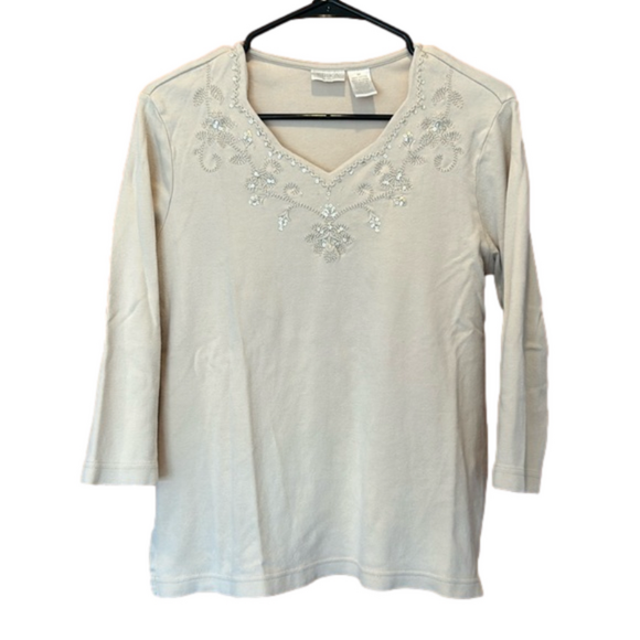 Erika Tops - Erika Cream 3/4 Sleeve Top with Scalloped Neckline and Chest Designs Size Medium